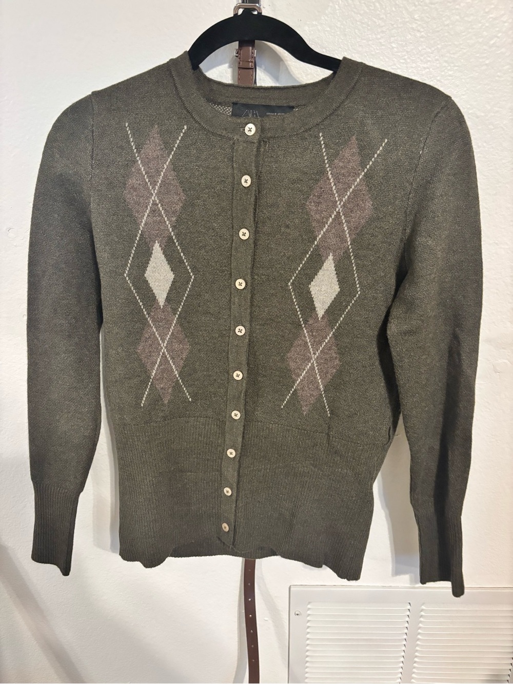 Zara Olive and Pink Argyle Button-Front Cardigan